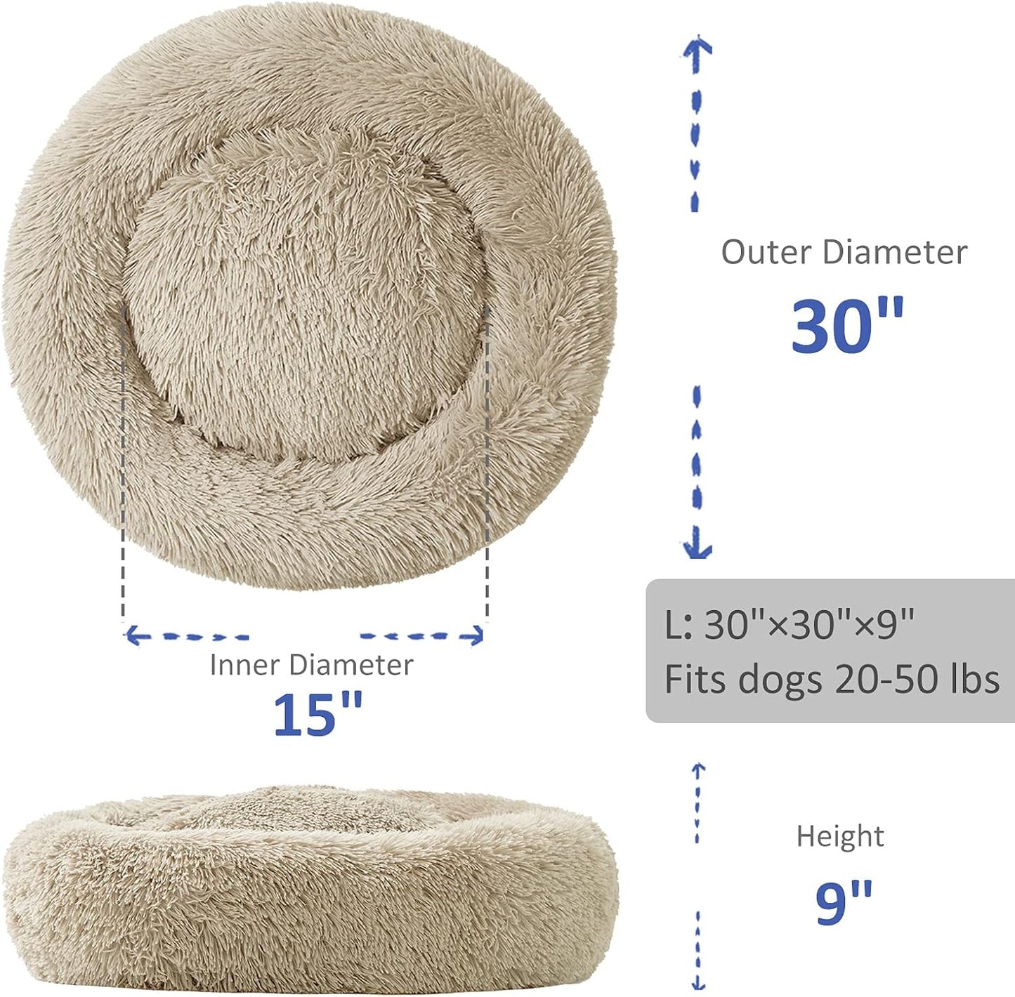 Large Washable Dog Round Bed - Comfortable Calming Donut Cuddler